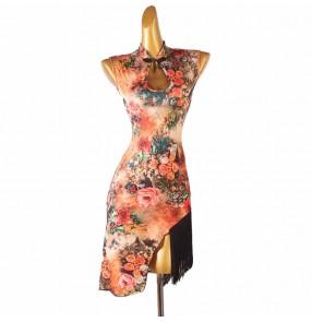 Retro flowers printed latin ballroom dance dresses for women female tassels samba chacha rumba latin performance qipao dresses